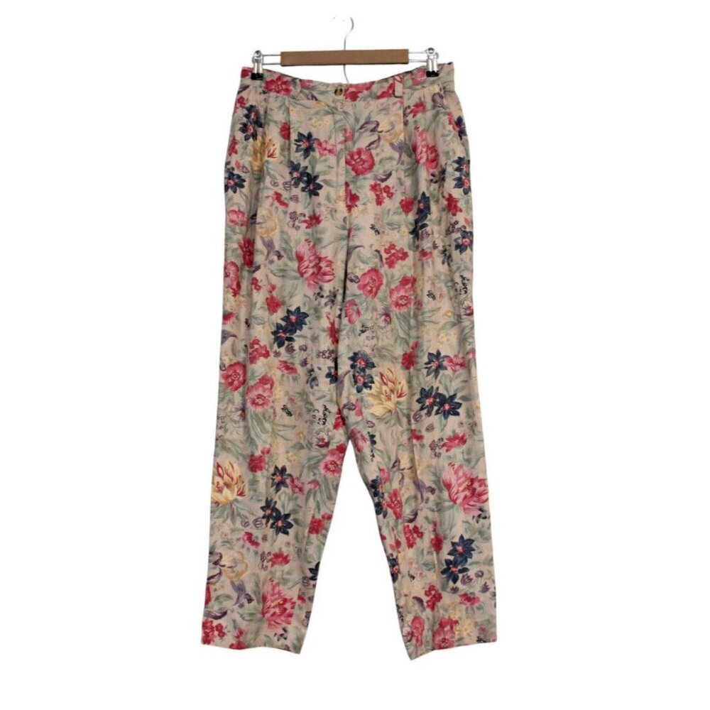 Vintage Talbots Pants 14 Petite Multicolor Floral Linen Pleated 90s Grandmacore